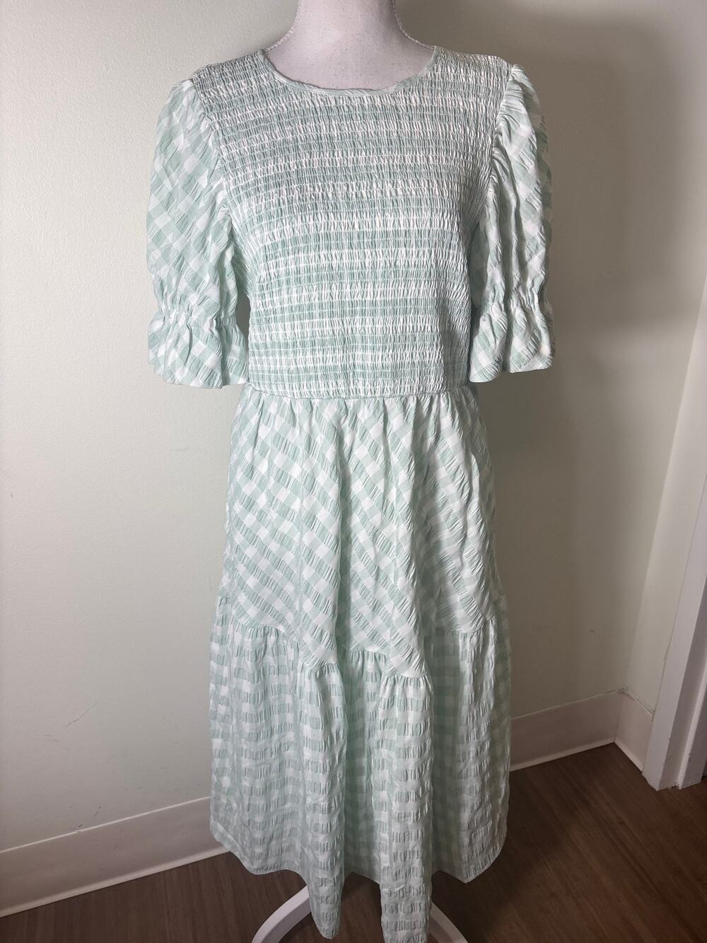 Tuckernuck Mint Green Gingham Half Sleeve Smocked Maxi Dress Sz L